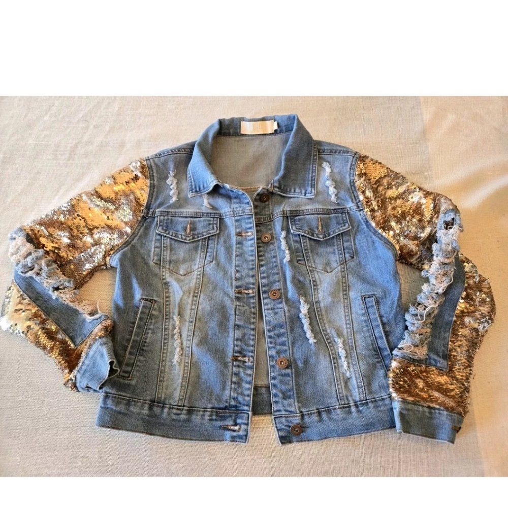 Gold Sparkle Distressed Jean Jacket - Womens M - Lizette co